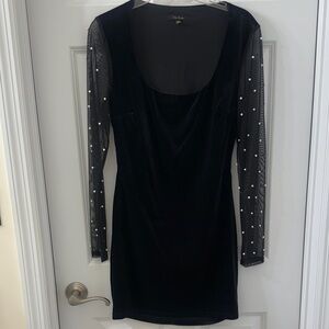 City Studio Black Dress with Sheer Pearl Sleeves
